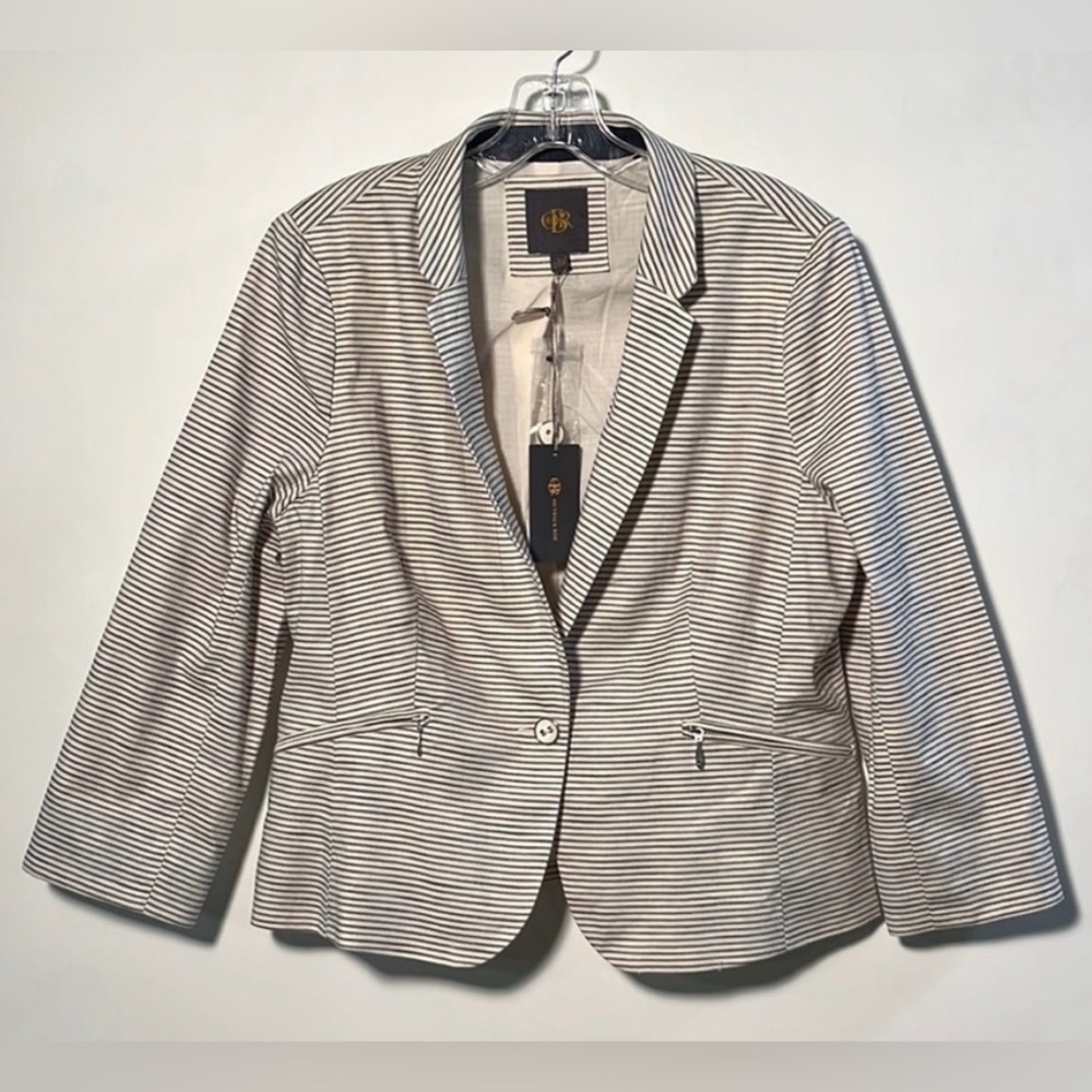 CBR NWT Career City Chic Preppy Grey/Blue/Cream Stripe Zip Pocket Notch Blazer L